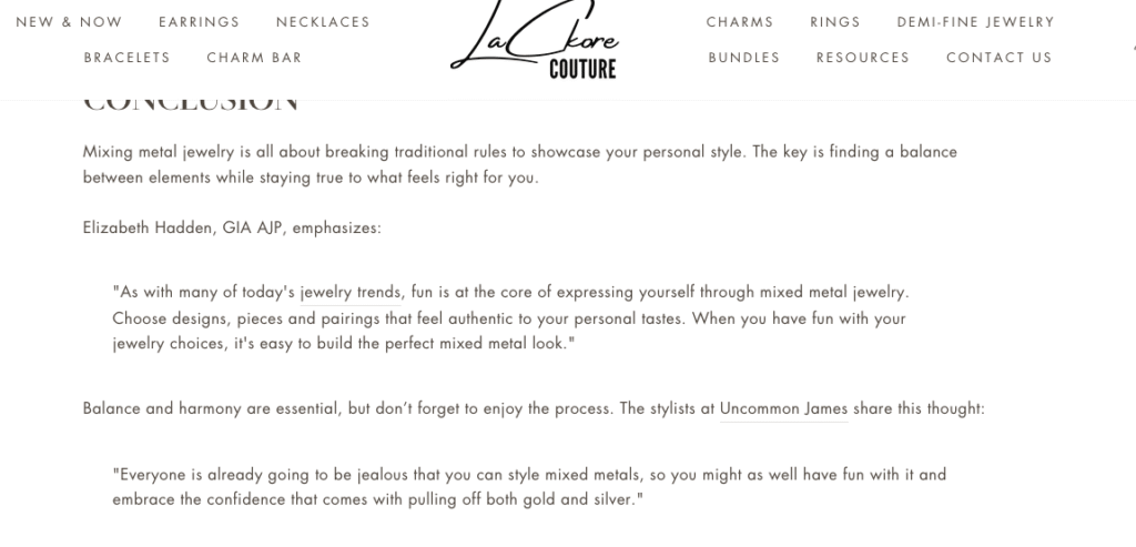 screenshot of a blog post about jewelry